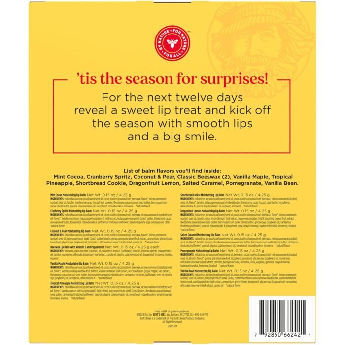 Burt's Bees Christmas Gifts, 12 Days of Joy Lip Balm Advent Calendar Gift Set, Moisturizing Lip Balm Pack Great for Stocking Stuffers, Tint-Free, Natural Origin Lip Treatment (12-Pack) - Image 12