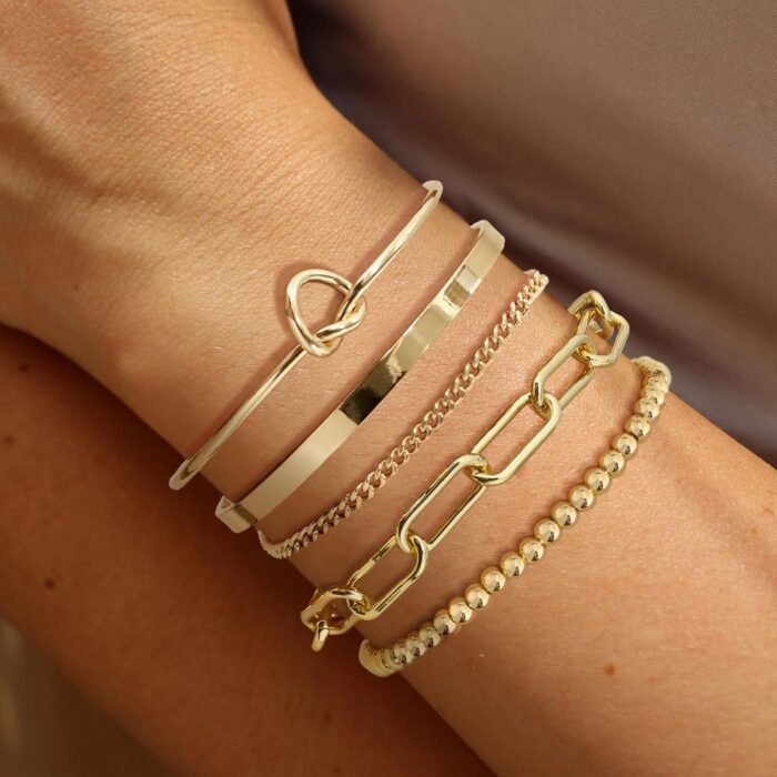 14K Gold Plated Bangle Cuff Bracelet Set for Women Bracelet Stack Adjustable Tennis/Beaded/Paperclip/Cuban Link Chain Bracelets Jewelry - Image 5