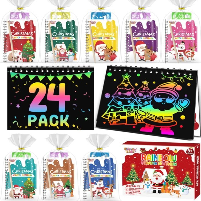 Christmas Party Favors for Kids Bulk: 24 Pack Rainbow Scratch Art Notebooks Party Favors for Girls Boys Birthday Goodie Bags Christmas Stocking Stuffers for Kids Classroom Prizes Gifts Bulk