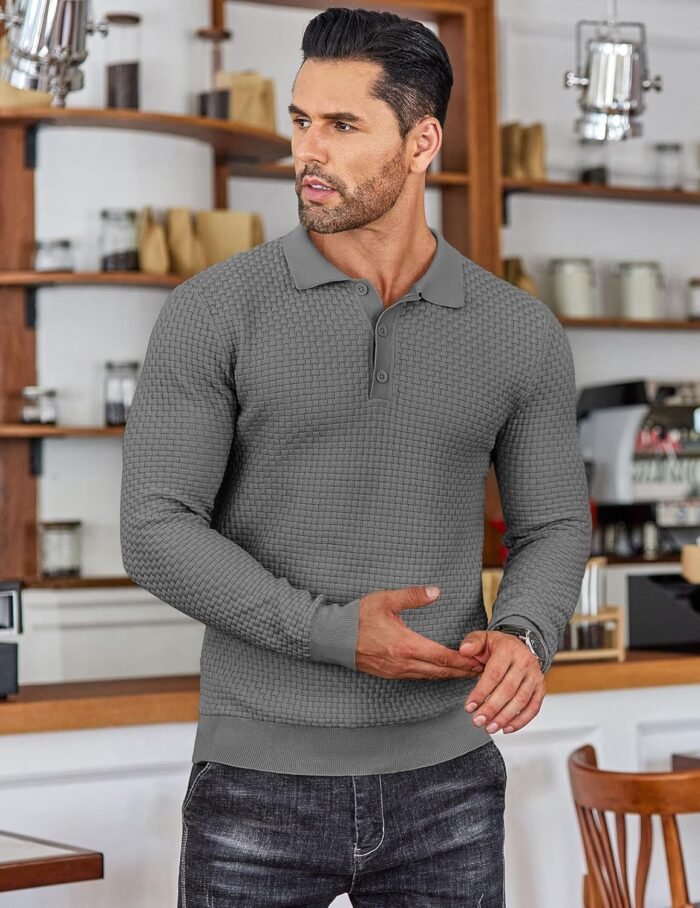 COOFANDY Men's Knit Polo Shirts Long Sleeve Sweater Polo Lightweight Fashion Casual Collared T Shirts - Image 2