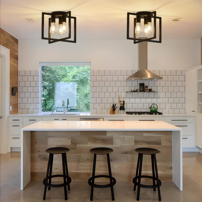 3-Light Ceiling Light Fixture, Black Semi-Flush Mount Chandelier with Geometric Metal Shade, Farmhouse Industrial Lighting for Kitchen Living Room Bedroom Hallway Foyer, E26 Base - Image 4