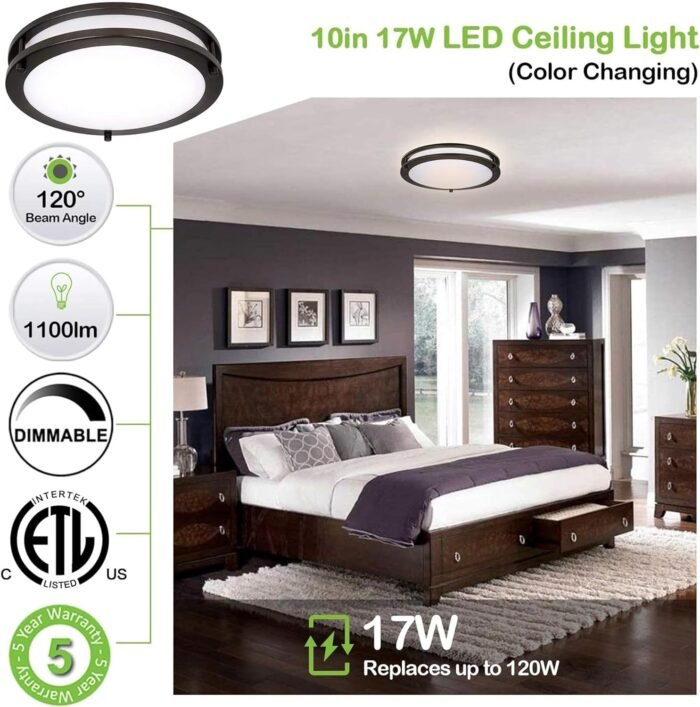 hykolity 10 inch Flush Mount LED Ceiling Light Fixture, 17W 1100lm, 2700K/3000K/3500K/4000K/5000K Adjustable Ceiling Lights, Oil Rubbed Bronze Saturn Dimmable Lighting for Hallway Bathroom or Kitchen - Image 3