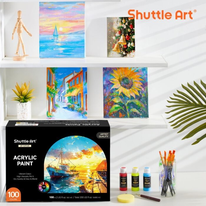 Shuttle Art 100 Colors Acrylic Paint, 2oz/60ml Bottles, Include 2 Sets of 12 Paint Brushes, 1 Art Sponge & Palette, Premium Acrylic Paint Set for Artists, Beginners & Kids on Canvas Rocks Wood Ceramic - Image 8