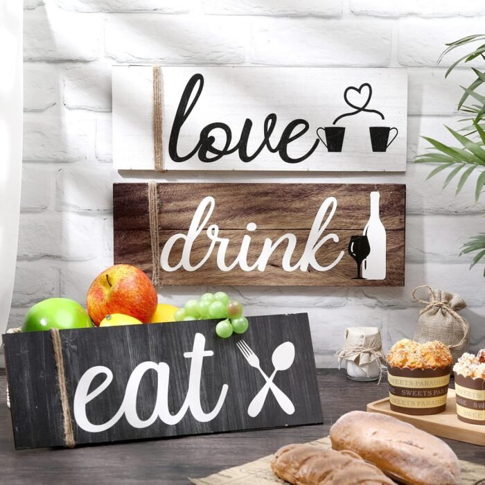 Jetec 3 Pcs Farmhouse Kitchen Wall Decor Eat Sign Rustic Wooden Kitchen Sign Wood Home Sign Eat Drink Love Sign with Hanging Hole for Home Kitchen Dining Living Room Bar Cafe Decor (Classic Color) - Image 7