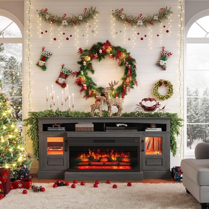 Farmhouse Fireplace TV Stand for TVs Up to 80 inch, 70" Entertainment Center with 36 inch 3-Sided Electric Fireplace for Living Room, 20 Flame Colors, Open Storage and 2 Cabinets (Dark Gray) - Image 2