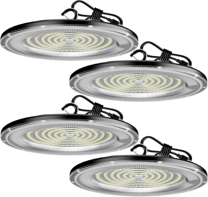 350W 4 Pack UFO LED High Bay Light, 50000LM Shop Lights, Industrial Lighting, 110-275V IP66 Waterproof for Workshop, Warehouse, Barn, Garage, Factory, Gym,6500K Daylight with US Plug