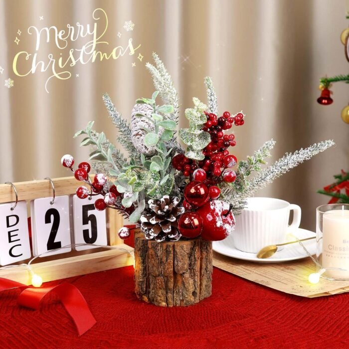 Small Christmas Tree Tabletop Artificial Mini Christmas Tree Decorations with Holiday Ornaments Red Berry Pine Cone Greenery for Home Indoor Fireplace Mantel Xmas Decor (2pcs -Tree Stump-Red) - Image 6