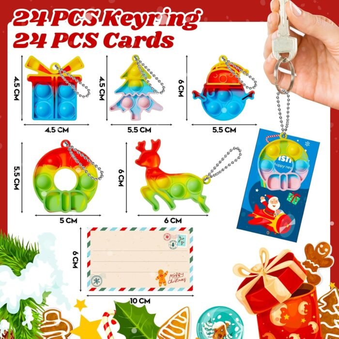 48 PCS Christmas Party Favors Pop Fidget Toys Bulk: Christmas Stocking Stuffers Goodie Bag Stuffers - Prizes for Kids Classroom Gifts from Teacher - Girls Boys (24pcs Keychain + 24pcs Cards) - Image 3