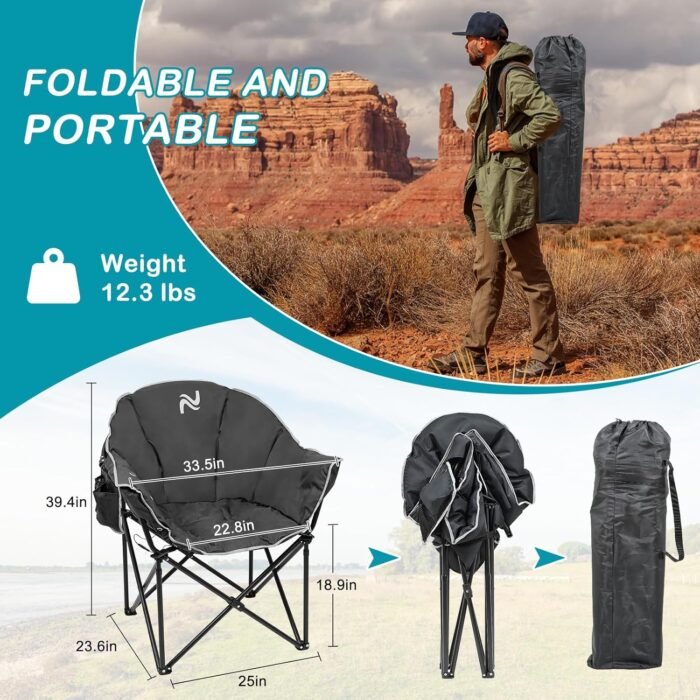 2Pack Oversized Heated Camping Chair, Heated Folding Lounge Chair for Outdoor Sports, Portable Padded Camping Chair with 3 Heat Levels for Lawn, Patio, Beach, and Picnics, Black - Image 3