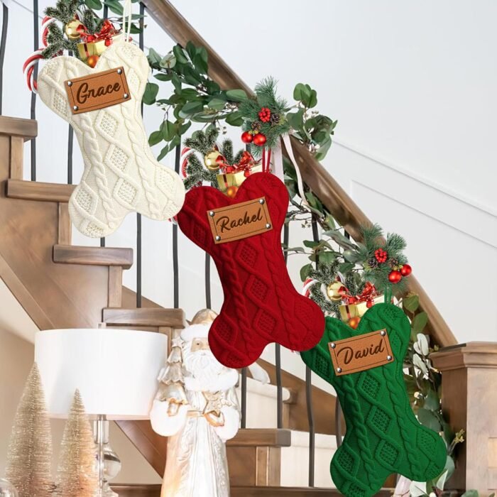MATONGO Personalized Pet Dog Christmas Stocking, Custom Bone Knit Christmas Stocking Large 16.5 Inch with Laser Engraving Name, Customized Xmas Stocking, Gifts for Family Kids-Set of 3 - Image 6