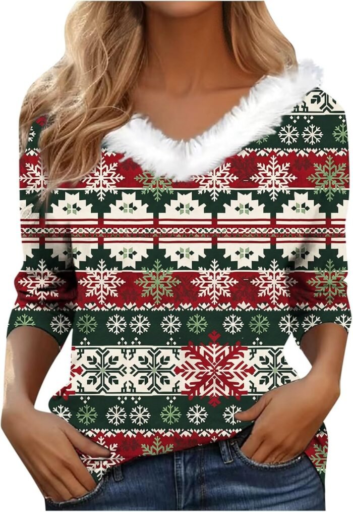 Christmas Floral V Neck Long Sleeve T Shirt with Collar for Women Vintage Blouse for Women 1950s