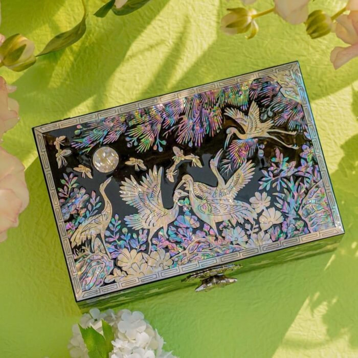 February Mountain Mother of Pearl Jewelry Box – Traditional Korean Design with Cranes and Pine Trees | Handcrafted Wooden Box, Velvet-Lined Interior for Rings, Earrings & Necklaces | Gifts for Women - Image 3