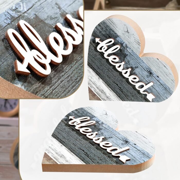 Jetec 2 Pcs Rustic Wood Home Sign Farmhouse Love Wooden Heart Shaped Table Centerpiece Valentines Day Decoration for Home Kitchen Living Room Dining Room Table Decoration (Grateful Style) - Image 3
