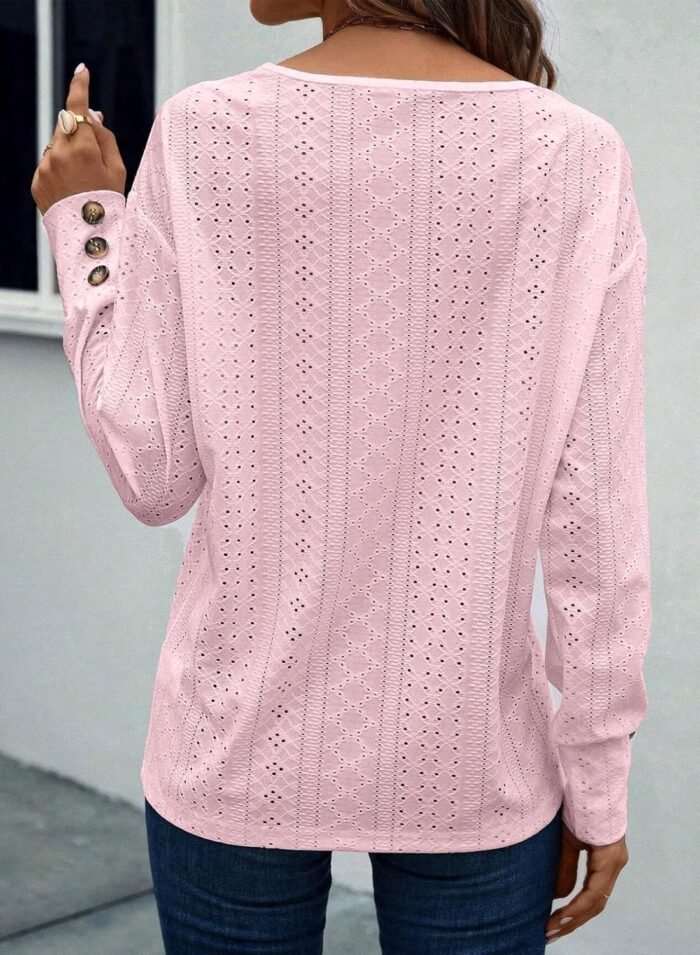 Dokotoo Women's Tops Dressy Casual V Neck Long Sleeve Buttons Hollow Out Lace Embroidered Blouses Shirts - Image 3
