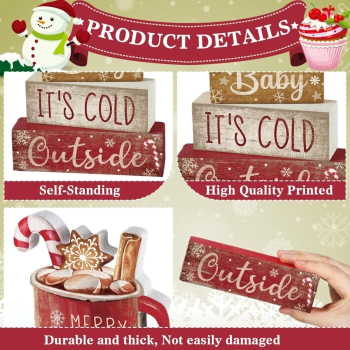 4 Pcs Wooden Christmas Tabletop Decor Christmas Cocoa Tiered Tray Decor Rustic Wood Hot Cocoa Block Sign Gift Merry Christmas Centerpiece Farmhouse Christmas Table Decor (Cocoa) - Image 4
