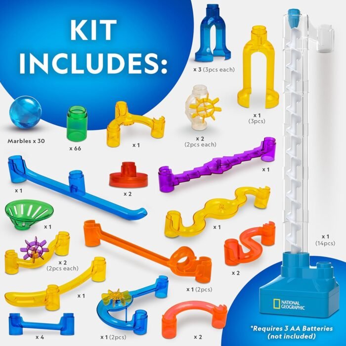National Geographic Marble Run with Motorized Elevator - 150-Piece Marble Maze Kit with Motorized Spiral Lift, 30 Marbles, Storage Bag & More, Perpetual Motion Machine, Marble Game, Kids Physics Toys - Image 5