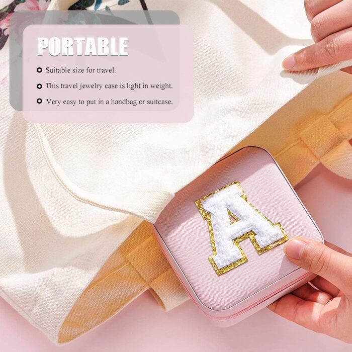 MODENGKONGJIAN Travel Jewelry Case for Women Fashion, Ring Necklace Earring Jewelry Holder Organizer Box, Small Portable Personalized Pink Jewellery Storage Box, Christmas Gifts Initial E - Image 6