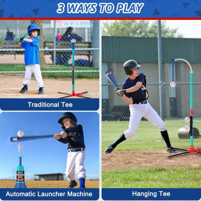 3-in-1 Baseball Set Kids Sports Toy: Hanging Batting Tee + Stand Set for Toddlers & Youth Adjustable Height with Auto Ball Launcher 6 balls 2 Bats Outdoor&Indoor Toys Birthday Gifts for 3-12 years old - Image 2
