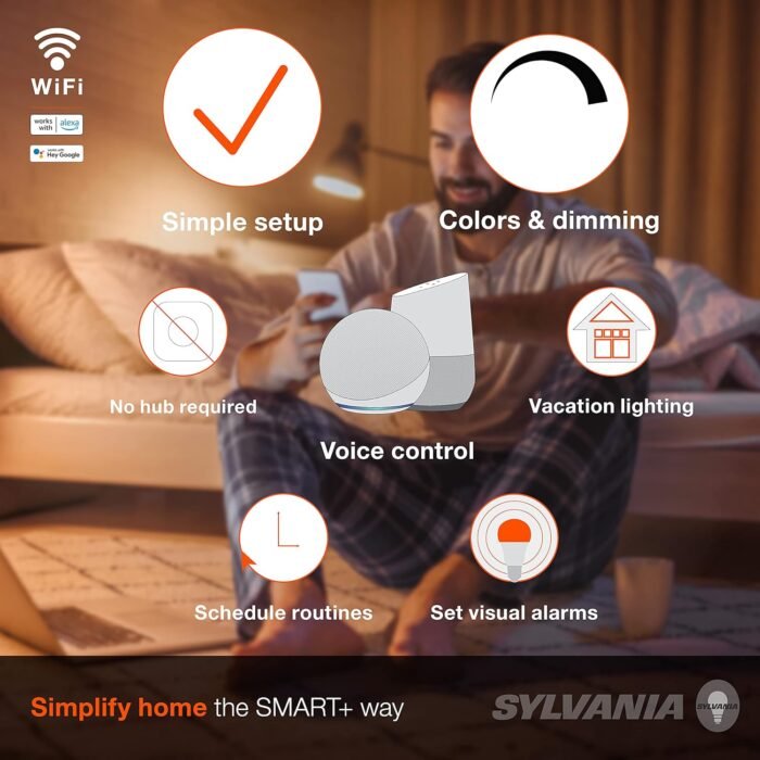SYLVANIA Wifi LED Smart Light Bulb, 60W Equivalent Dimmable Soft White A19, Compatible with Alexa and Google Home Only - 4 Pack (75672) - Image 3