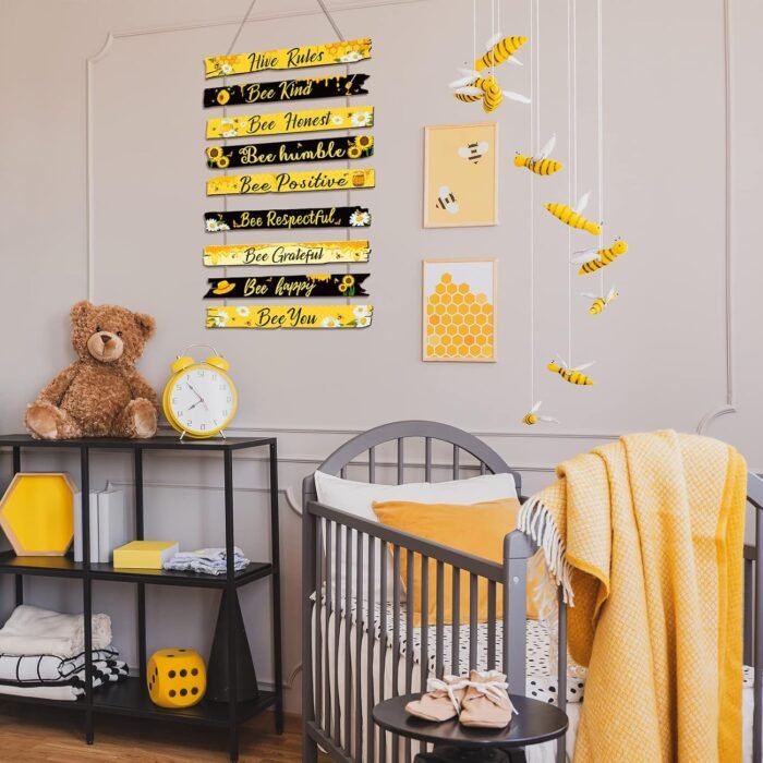 Jetec Bee Sign Hive Rules Bee Wall Decor Plaque Bee Gift Humble Bee Decor Christmas Bee Ornament for Xmas Home Spring Daisy Sunflower Decorations for Living Room Rustic Kitchen Decor (Black, Yellow) - Image 4