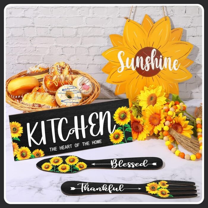 Yerliker 3 Pieces Sunflower Kitchen Decor Hello Summer Blessed Thankful Wooden Hanging Eat Signs Fork and Spoon Summer Farmhouse Wall Art Decor for Kitchen Home (Black, 13.78 x 5.12 Inch) - Image 4