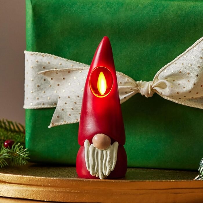 Luminara Flameless Candle Gnome Figural 2.8" x 8" Smooth Finish Real Wax Unscented Winter Christmas Decoration (Burgundy) - Image 2