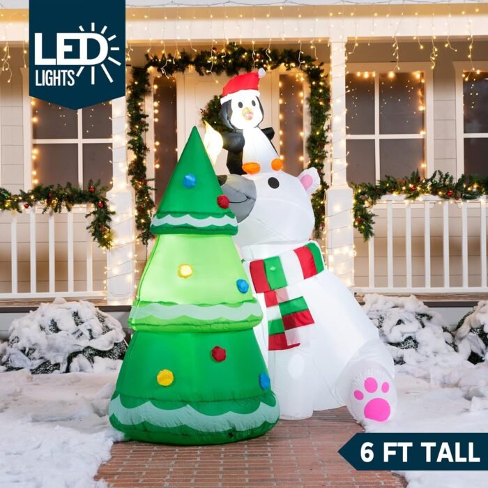 Joiedomi 6 ft Christmas Polar Bear Inflatable Decoration, Polar Bear with Penguin & Xmas Tree Inflatable with Build-in LEDs Blow Up Inflatables for Christmas Party Outdoor, Yard, Garden, Winter Décor - Image 2