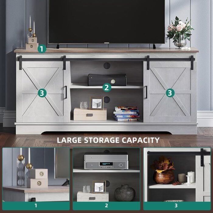 YITAHOME Farmhouse TV Stand for TVs up to 65 Inch, Entertainment Center with Sliding Barn Doors and Storage Cabinet, Rustic TV Media Console for Living Room, Grey White & Grey Wash - Image 7