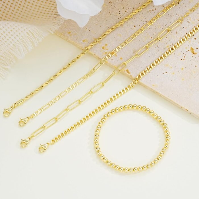 Gold Bracelets for Women, Dainty 14K Gold Plated Stackable Link, Trendy Adjustable Cuban Beaded Gold Chain Bracelet Stack Set - Image 8