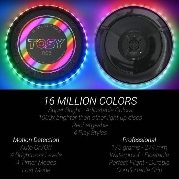 TOSY Flying Disc - 16 Million Color RGB or 36 LEDs, Extremely Bright, Smart Modes, Auto Light Up, Rechargeable, Cool Fun Christmas, Birthday & Camping Gift for Men/Boys/Teens/Kids, 175g Frisbee - Image 3