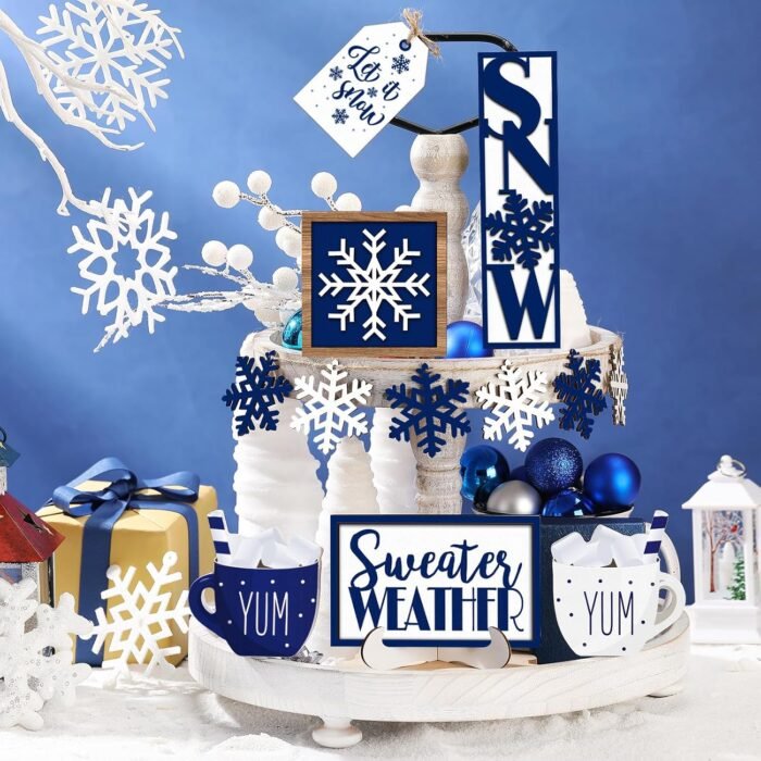 Jetec 12 Pieces Christmas Tiered Tray Decor Winter Snowflake Wooden Sign Table Decorations Farmhouse Coffee Bar Signs Snowflake Winter Tray Decor for Home Xmas Holiday Tabletop(Blue) - Image 2