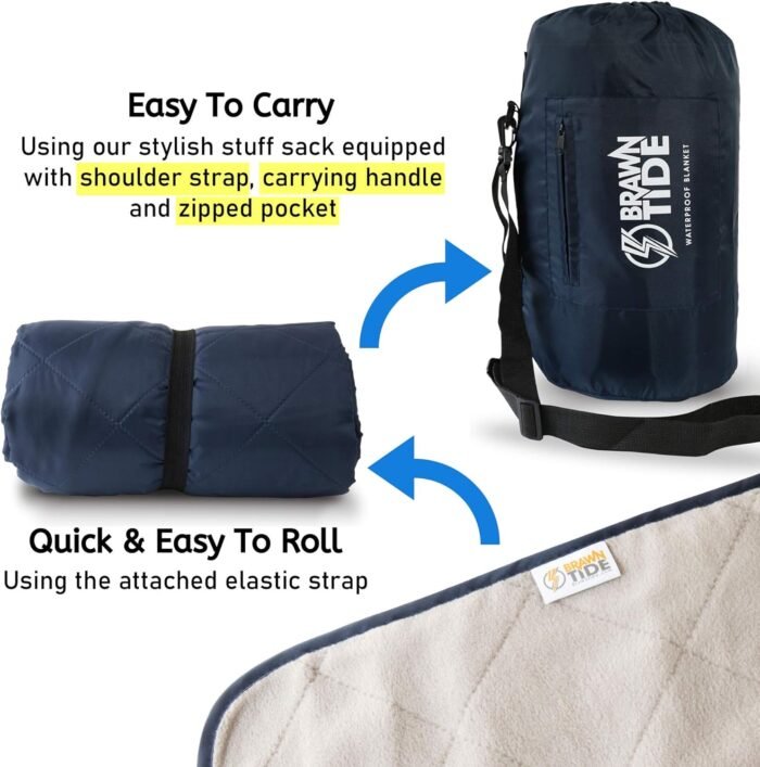 BRAWNTIDE Large Outdoor Waterproof Blanket - Quilted, Extra Thick Fleece, Warm, Windproof, Sandproof, Includes Stuff Sack, Shoulder Strap, Ideal for Beaches, Picnics, Camping, Stadiums, Dogs, Car - Image 3