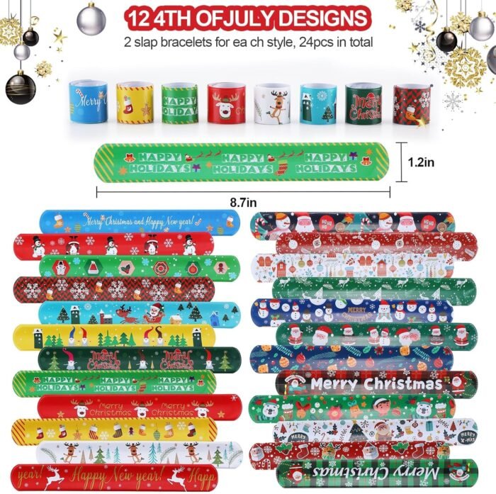 48Pcs Christmas Party Favors Slap Bracelets Rubber Wristbands for Kids Girls Boys，Christmas Stocking Stuffers Gifts with Santa hats Snowmen Elk Xmas Socks - Image 2