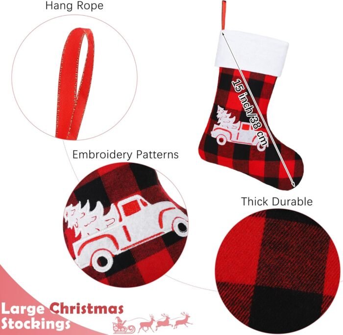 Aodaer 12 Pack Christmas Stockings 15 Inch Felt Red Black Buffalo Plaid Christmas Stockings with Reindeer Snowflake Pattern Xmas Hanging Stockings for Xmas Tree Fireplace Gift Holding Party Decoration - Image 2