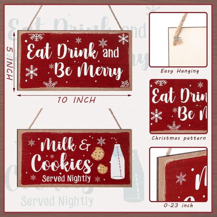 Blulu Christmas Hanging Wooden Sign Eat Drink and Be Merry Sign Milk and Cookies Sign Merry Christmas Wall Decor Rustic Gingerbread Decor for Kitchen, Coffee Bar, Indoor or Outdoor Decorations - Image 2