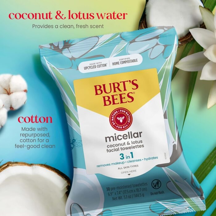 Burt's Bees Stocking Stuffers, Coconut & Lotus Face Wipes, for All Skin Types, Micellar Makeup Remover & Facial Cleansing Towelettes, Skin Care Christmas Gifts, 30 Ct. (3-Pack) - Image 3