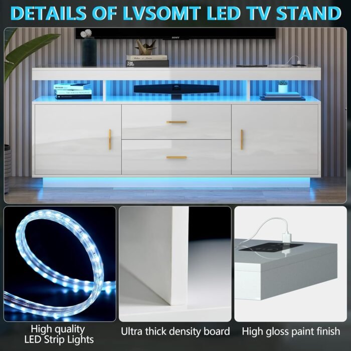 LVSOMT High Gloss Entertainment Center White with 3-Colors Lighting, LED Modern TV Stand for 65+ inch TV, Home Storage Cabinet, Console Media Cabinet for Living Room (Pearl White) - Image 8
