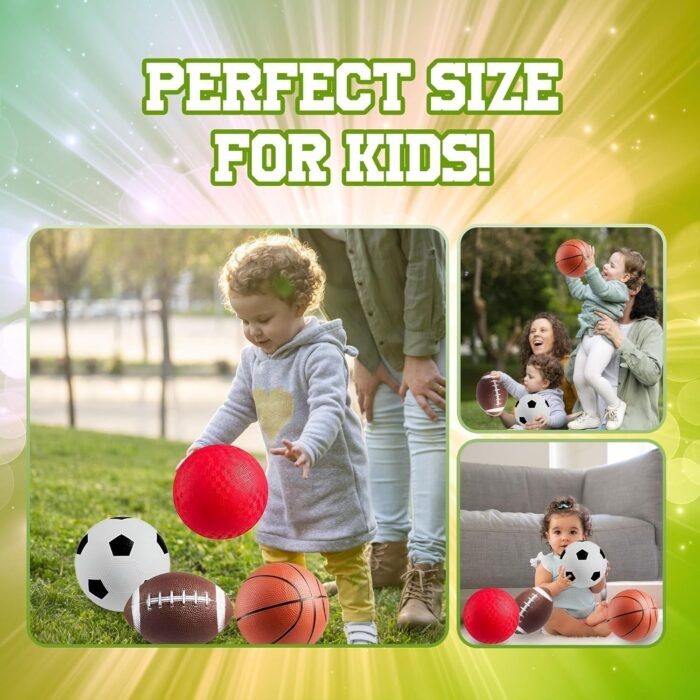 Bedwina Sports Balls for Kids & Toddlers - (Pack of 4) 5-inch Sports Balls Set Includes Football, Small Soccer Ball, Basketball, and Playground Balls, Fun Indoors & Outdoor Toys (Hand Pump Included) - Image 5