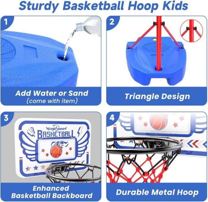 EagleStone Kids Basketball Hoop, Adjustable Toddler Basketball Hoop Toy for Kids Indoor Outdoor Mini Portable Basketball Goals, Sport Game Gifts for Age 3 4 5 6 7 8 9 Boys Girls - Image 4