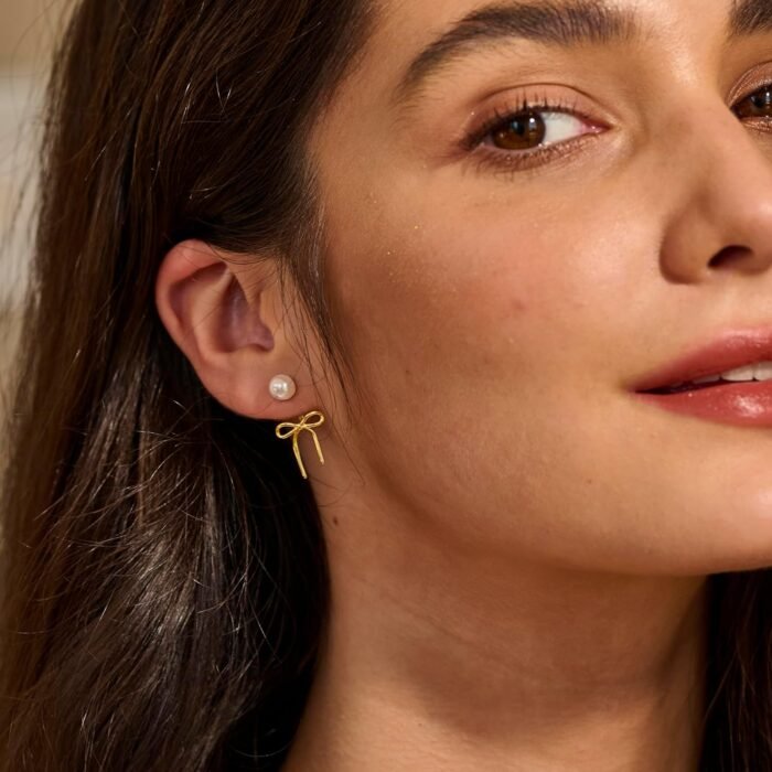 Pearl Earrings for Women Gold Hoop Earrings for Women Trendy 14K Gold Plated Pearl Huggie Earring Hoops Twist Rope Bow Stud Pearl Dangle Cubic Zirconia Earrings Jewelry Gifts for Women - Image 5