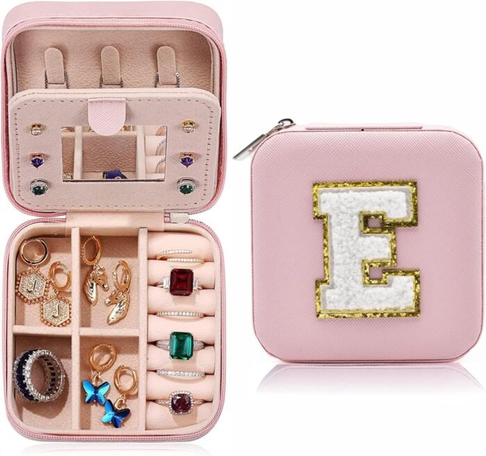 MODENGKONGJIAN Travel Jewelry Case for Women Fashion, Ring Necklace Earring Jewelry Holder Organizer Box, Small Portable Personalized Pink Jewellery Storage Box, Christmas Gifts Initial E