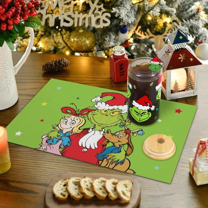 DAZONGE Set of 6 Christmas Table Placemats, Green Xmas Placemats for Dining Table Decor, Washable Table Mats for Christmas Holiday Home Kitchen Decor - Image 5