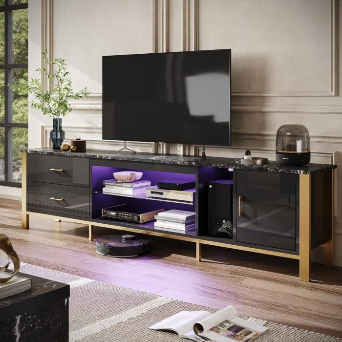 Bestier TV Stand for 75/80/85/90 Inch TV, LED Gaming Entertainment Center, Modern TV Cabinet with Glass Shelves for Living Room, 2 Storage Drawers & Cabinets for Bedroom, Black Glossy
