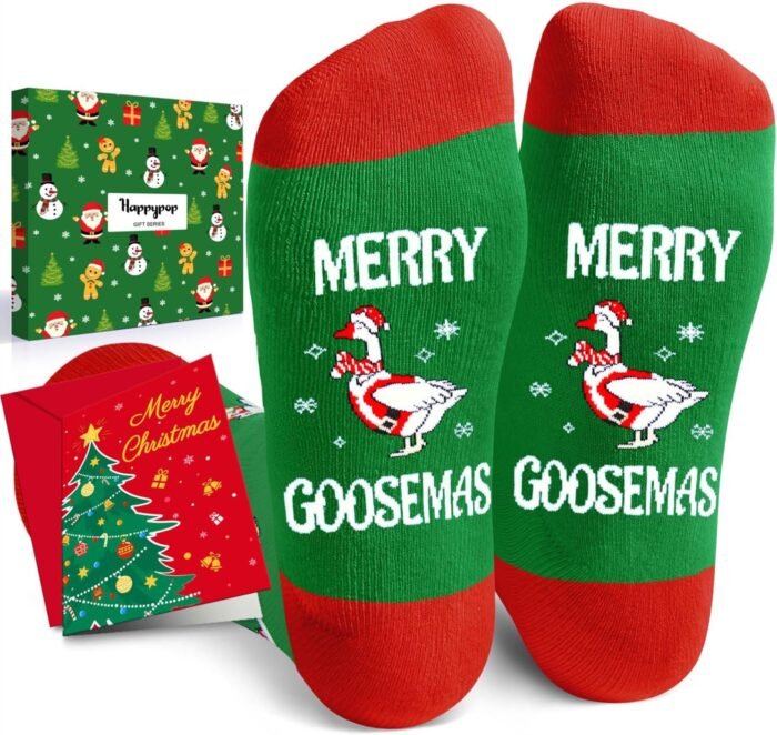 HAPPYPOP Christmas Gifts Stocking Socks for Teens - Secret Santa Socks Xmas Stocking with Greeting Card for Goose Lovers Christmas Geese Gifts