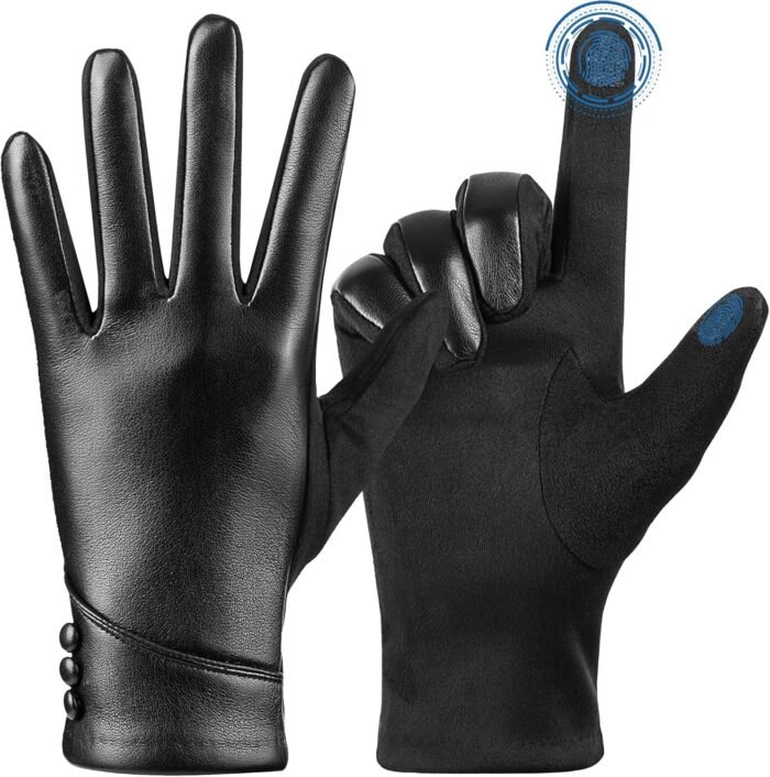 Womens Winter Leather Gloves Touch Screen Wool Lined Windproof Warm Suede Fashion Dress Gloves - Image 2