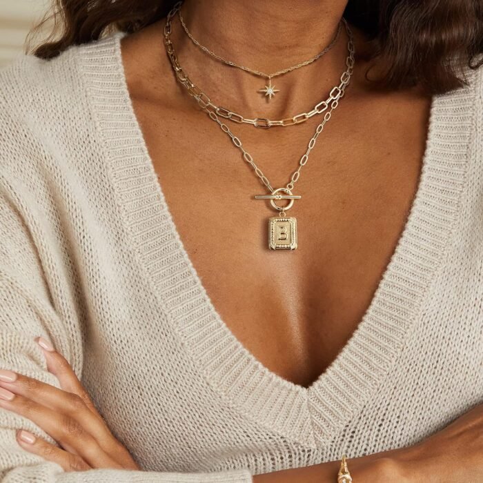 MJartoria Layered Initial Necklaces for Women Trendy, 14K Gold Plated Simple Star Choker Square Letter Pendant Necklace, Paperclip Chain Necklace, Gold Necklaces Jewelry Gifts - Image 2