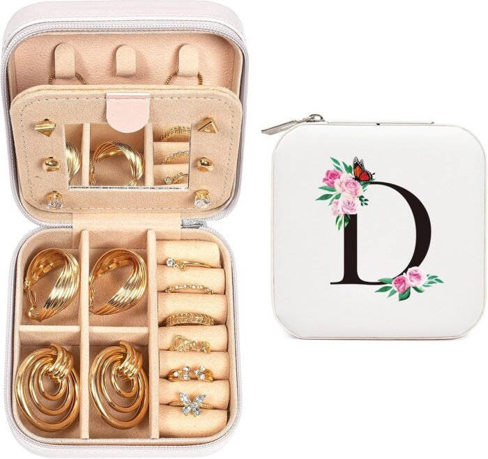 Travel Jewelry Organizer, White Mini Travel Jewelry Case Bridesmaid Gifts, Jewelry Box Personalized Gifts for Women, Ring Earring Jewelry Holder Birthday Gifts for Girls, Initial D (White, D)
