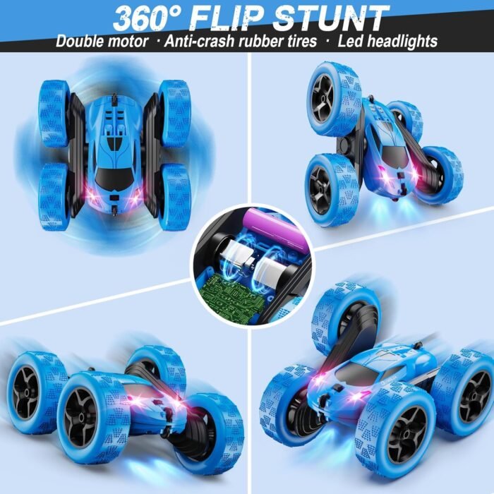 Remote Control Car, RC Cars Toys for Kids Ages 6-12, 4WD Stunt Car with LED Lights & 360° Flips, 2.4GHz, Upgraded USB-C Modular Batteries, 8-10 Year Old Boys 1-Blue - Image 4