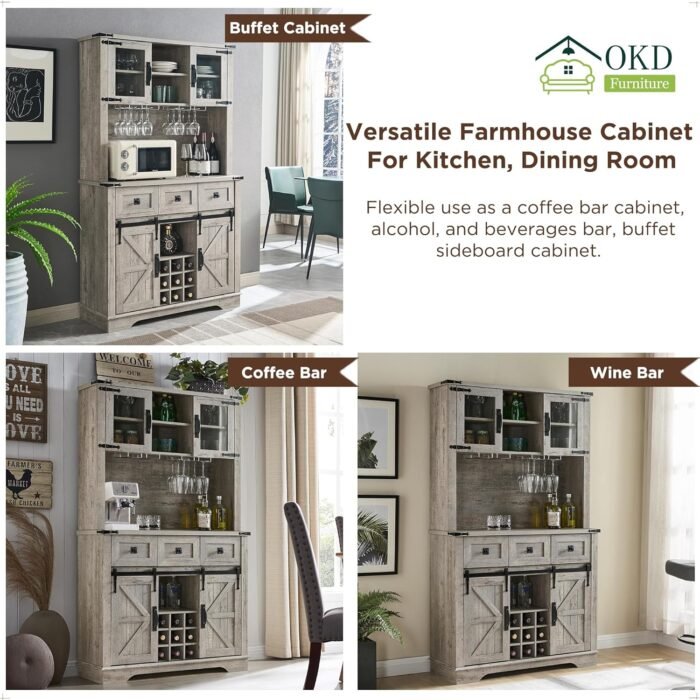 OKD 72" Farmhosue Bar Cabinet with Sliding Barn Door, Large Kitchen Buffet with Hutch w/Wine & Glasses Rack, 3 Drawers, 12 Storage Shelves, Rustic Coffee Bar Sideboard Table, Light Rustic Oak - Image 8
