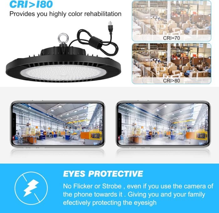 LEDMO LED Shop Lights Super Bright Gym Lighting LED High Bay Light 200W (Eqv. 800W WH/HPD)5000K Aluminum IP65 28000LM Commercial UFO Lights with US Cable Plug for Garage Workshop Warehouse Barn 4 Pack - Image 7